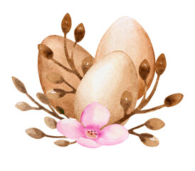 Watercolor egg and flower composition, isolated on transparent background