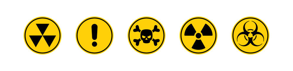 Set of warning yellow round signs with a biohazard, radioactive, skull and bones and fallout symbols vector illustration - obrazy, fototapety, plakaty