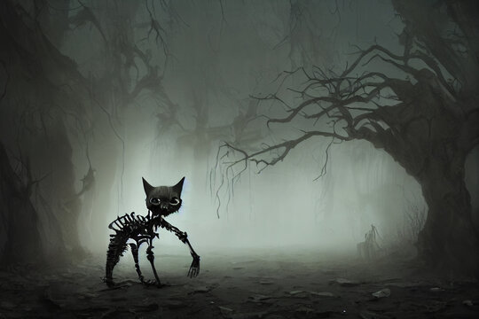 Abstract Digital Art, Scary cat Skeleton, Skull work in Black, Gray