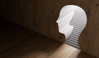 mental health and mindfulness concept. steps leading through a head to a bright sky. 3D Rendering