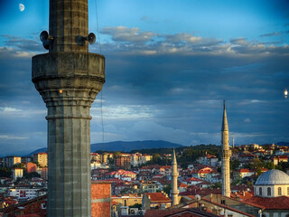 turkey, city of bartin minarets and sunset