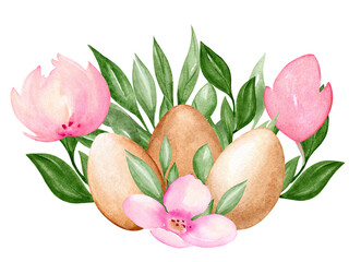 Watercolor egg, leaves and flower Easter composition, isolated on transparent background