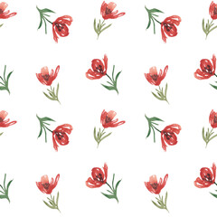 watercolor seamless pattern with meadow wild flowers, red poppy. For decoration and design. Printing on postcards, paper, packaging, fabric. Wedding, romantic, natural style. Spring.