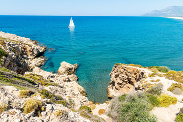 Mediterranean coastline near Patara beach in Antalya province of Turkey.