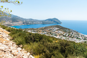 View over Kalkan harbourside town on the Mediterranean coastline in Antalya province of Turkey.