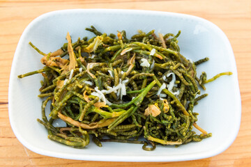 Plate of sea beans (salicornia or glasswort) in Turkey.