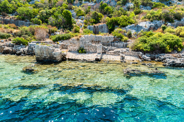 Coast of Kekova island with partly submerged structures of the Sunken City, in Antalya Province of Turkey
