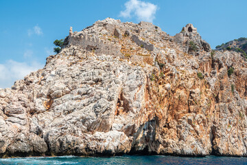 Rocky coastline Dil Varna Burnu cape of Alanya Promontorium in Turkey