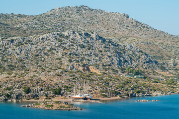 Mountainous Mediterranean coastline in Bozburun village near Marmaris resort town in Mugla province of Turkey.