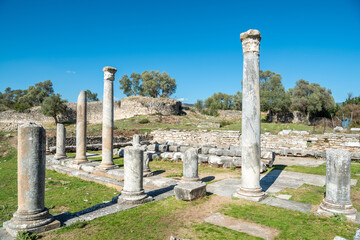 Ruined columns at the agora of Iasos ancient site in Mugla province of Turkey.