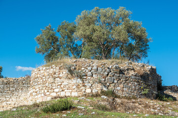Ruined wall of acropolis, later converted into a fortress, at Iasos ancient site in Mugla province of Turkey.