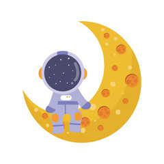 illustration vector graphic astronaut kid the galaxy exploler sitting back on the moon. Cute happy cartoon children character in spacesuit with special helmet.