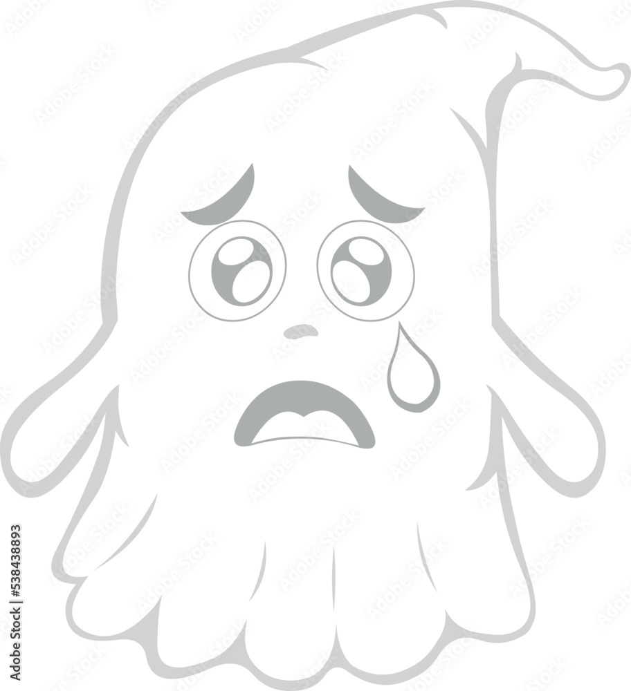 Poster vector illustration of a cartoon ghost with a sad expression, crying and with a tear falling from on