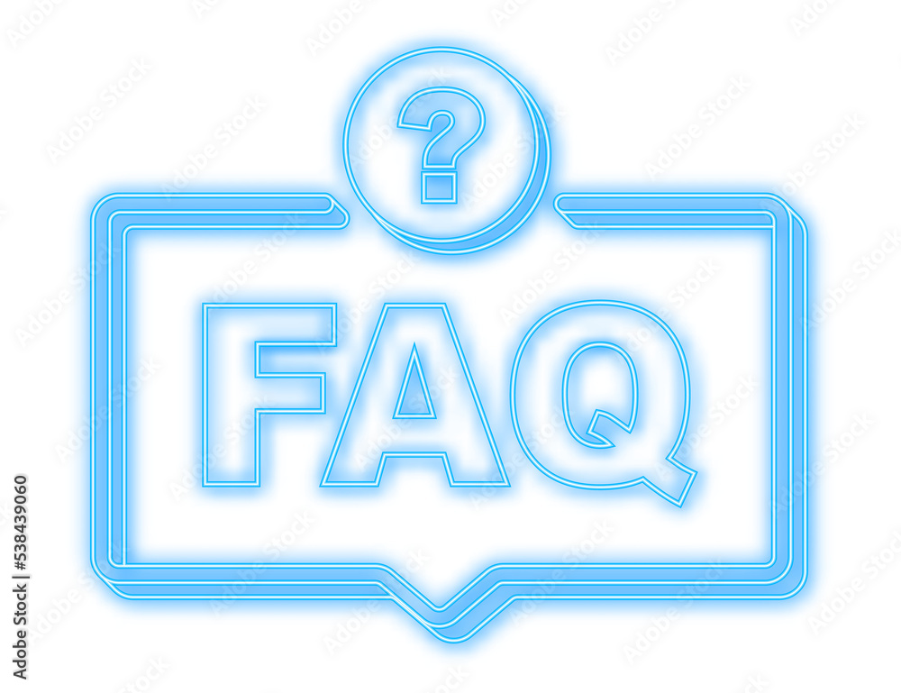 Poster frequently asked questions faq banner. neon icon. computer with question icons. vector illustration