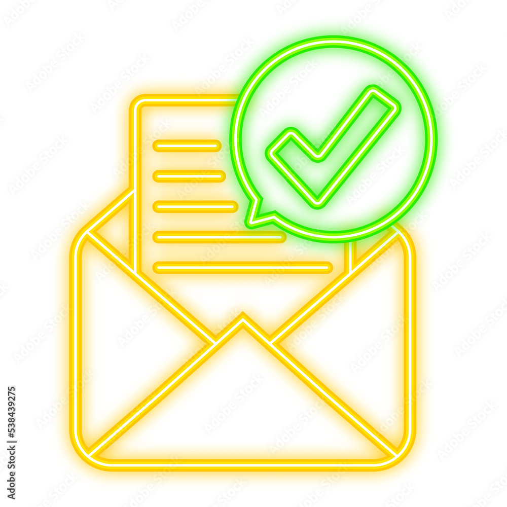 Aufkleber opened envelope and document with green check mark. neon icon. verification email. vector illustrati