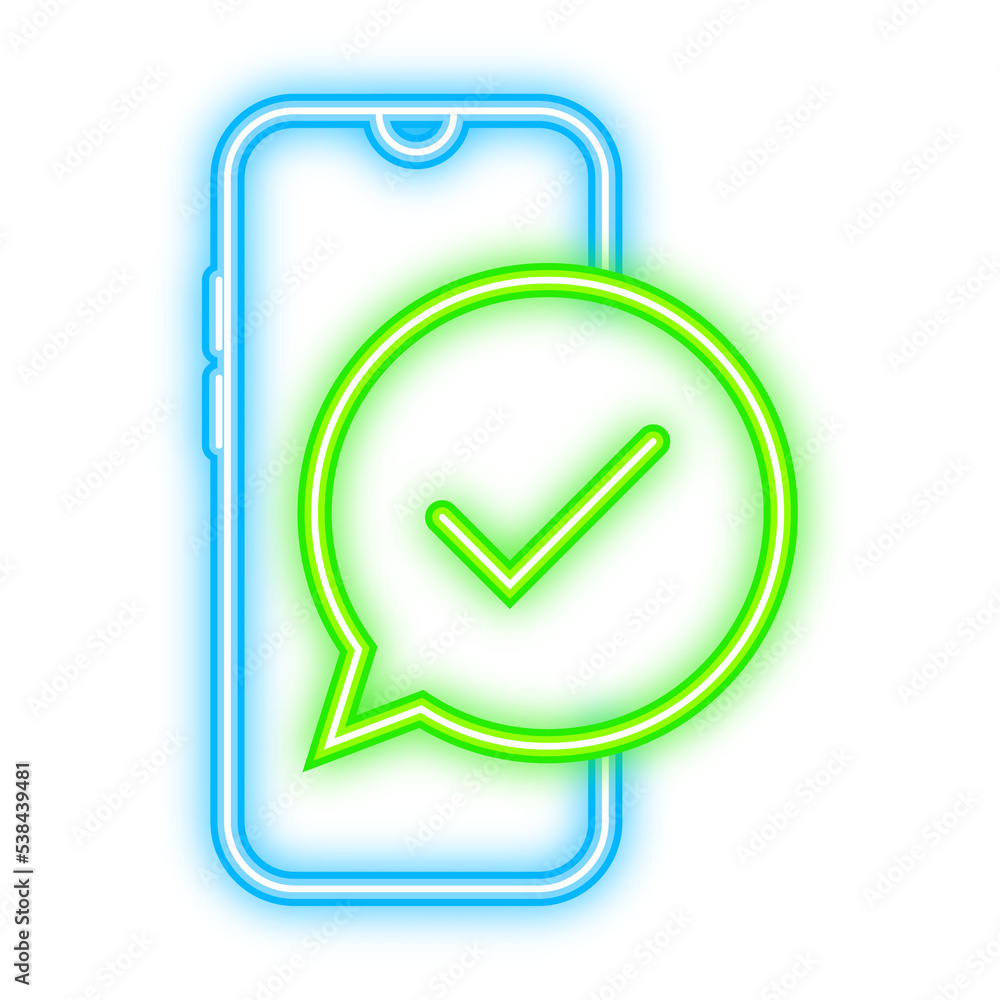 Poster smartphone with checkmark or tick notification in bubble. approved choice. accept or approve checkma