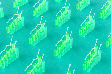 Rows of financial charts on green surface. 3d render