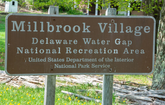 Hardwick, New Jersey, United States of America &ndash; May 1, 2017. Sign at the entrance to Millbrook Village in Delaware Water Gap, NJ.