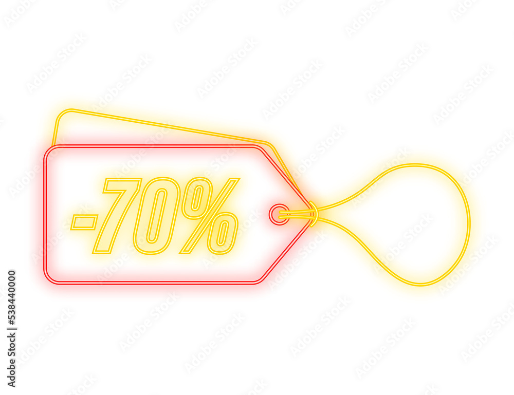 Poster 70 percent OFF Sale Discount neon tag. Discount offer price tag. 70 percent discount promotion flat icon with long shadow. Vector illustration