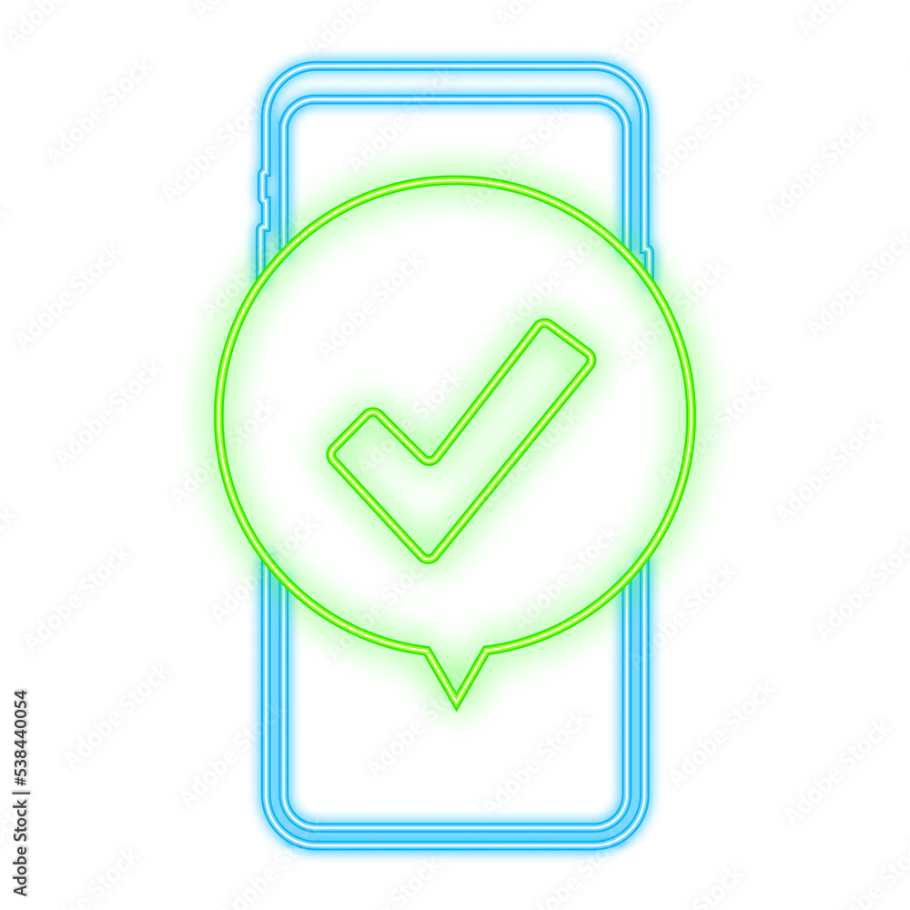 Poster smartphone with checkmark or tick notification in bubble. approved choice. accept or approve checkma