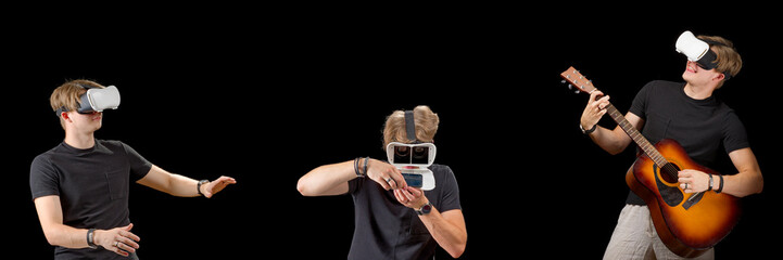 Portrait of a young man with 3D virtual reality glasses. Young man using white virtual reality headset, VR, future, googles, technology concept on black background.
