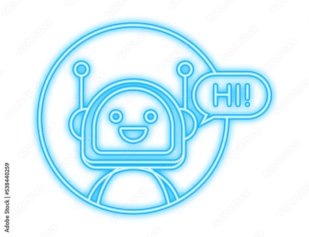 Poster robot neon icon. bot sign design. chatbot symbol concept. voice support service bot. online support 