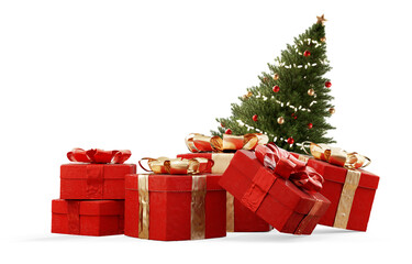 pile of red Christmas gifts and a green decorated fir 3d-illustration