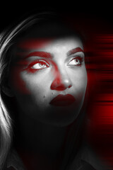 Fashion and make-up concept. Beautiful blonde woman portrait partly face covered with shadow in red...