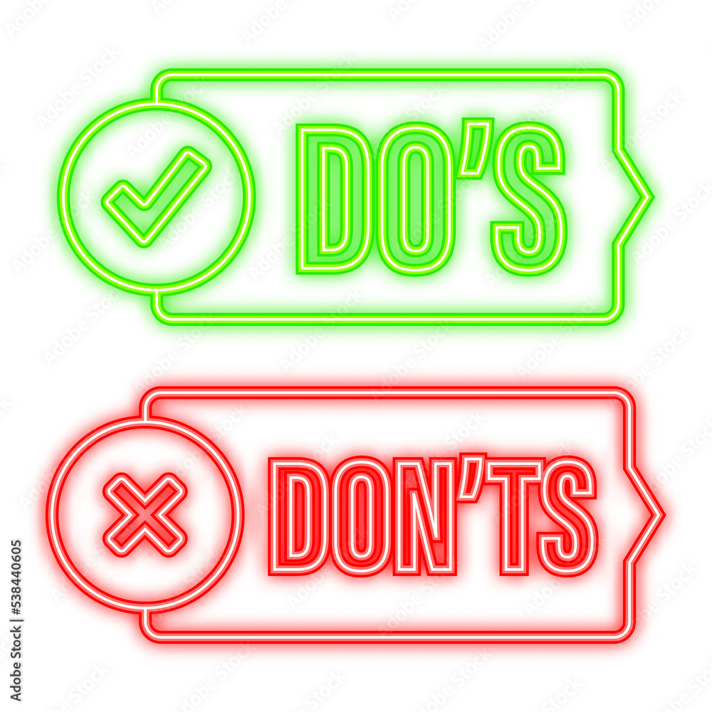 Poster do s and don ts neon button. flat simple thumb up symbol minimal round logotype element set. vector 