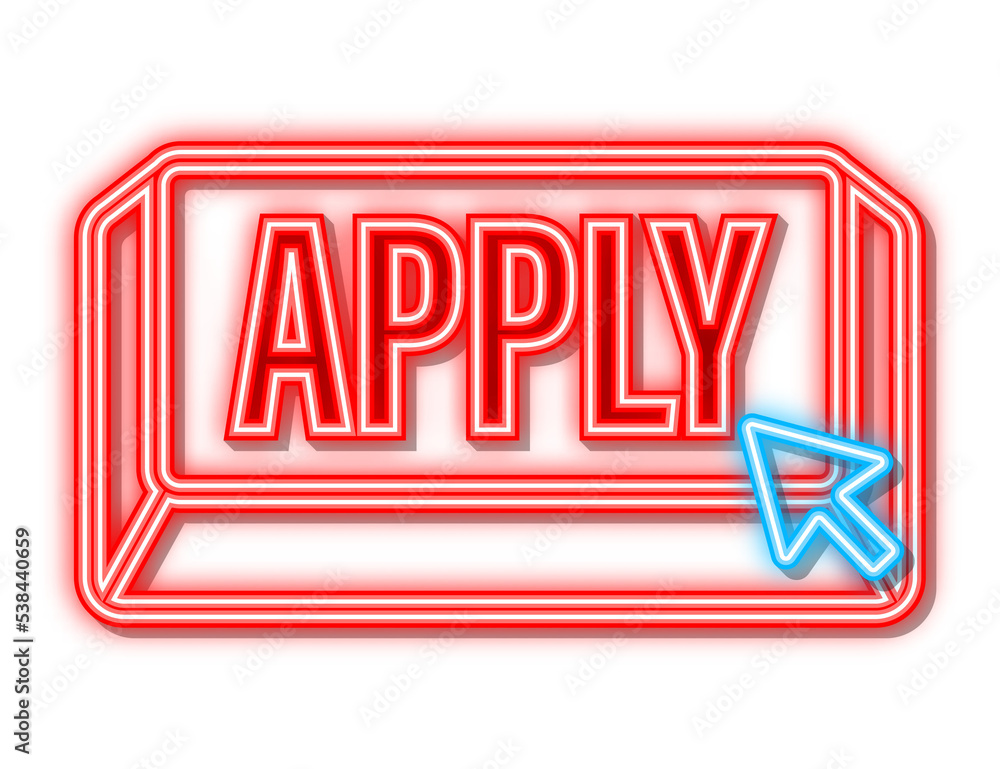 Poster apply with cursor button. internet neon icon. pointer click icon. vector stock illustration