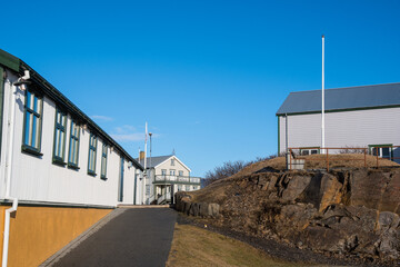 Old renovated warehouses near the port of Hofn in Hornafjordur in Iceland