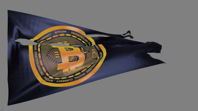 Tattered flag with a golden bitcoin logo flutters in a strong, stormy wind. 3D CG.
Alpha channel. 4K UHD. Looping animation.
