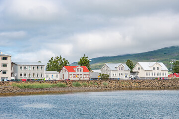 Coastline of town of Akureyri in Iceland