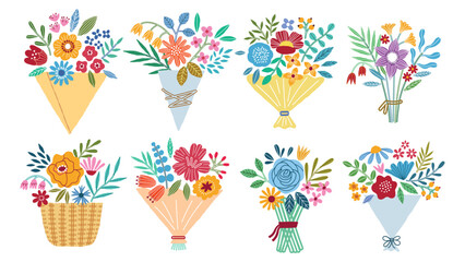 Bouquet illustration set. Collection of blooming flowers bouquet  - 538441886