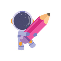 illustration vector graphic astronaut kid the galaxy explorer playing big pencil. Cute happy cartoon children character in spacesuit with special helmet.