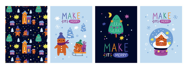 Christmas card collection with traditional design elements: gingerbread man, tree, gifts and snowflakes. Winter holidays prints with cute characters. Christmas illustration in flat style