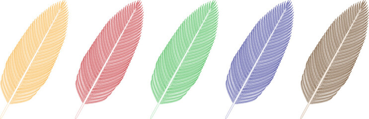Bird Feathers (yellow, red, green, blue and gray). 