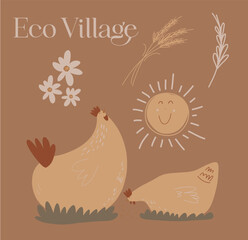 Vector Chicken, Sun, Lawn, Village, Coop