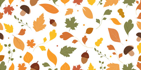 Autumn seamless pattern with colorful leaves,mushrooms and acorns isolated on light background.Vector design. © Liana