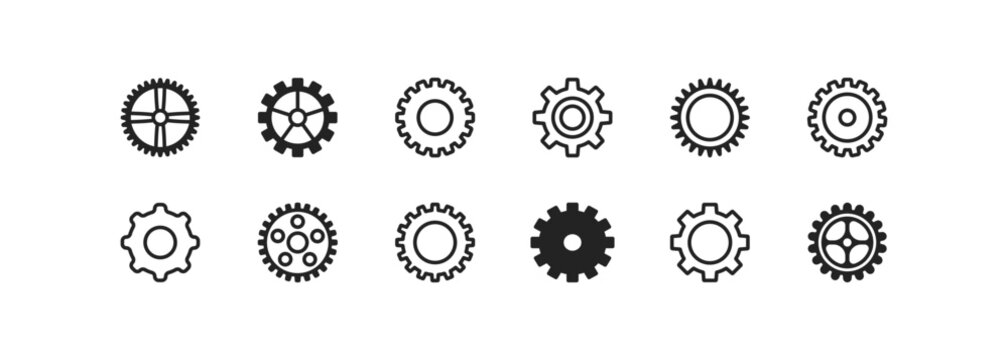Gear icon set. Mechanism concept. Pinions collection. Cogwheels, signs. Clockwork. Transmission, engine symbol.
