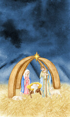 Watercolor Christmas nativity greeting card, nativity scene with the Holy Family illustration, Madonna, child Jesus, Saint Joseph. Saint Virgin Mary holding baby Jesus Christ