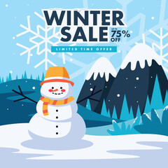 social media winter sale background with cute snowman