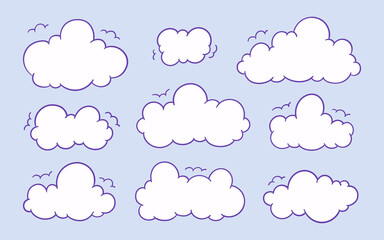 Obraz premium Collection of clouds in doodle cartoon style isolated on blue background