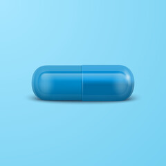 Vector 3d Realistic Blue Pharmaceutical Medical Pill, Capsule, Tablet on Blue Background. Front View. Copy Space. Medicine, Male Health Concept