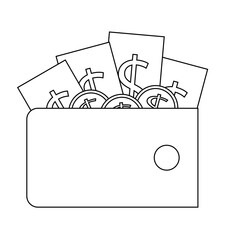 Wallet with money. Draw illustration in black and white