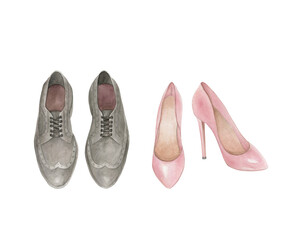 Wedding shoes collection. Watercolor isolated  illustration on white background