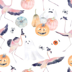 Obraz na płótnie Canvas Watercolor seamless pattern. Dancing flamingos in hat, ghosts, spider and pumpkins for halloween. Hand drawn illustration