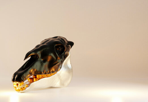 Horse skull with golden teeth.Conceptual modern 3D template design.  Pastel  background