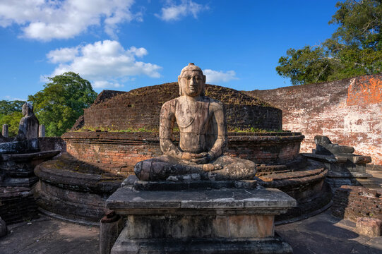 Buddha images in Vatadage temple in ruins of Polonnaruwa in Sri Lanka