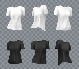 Set of women's white and black t-shirts. Volumetric vector template. Isolated vector illustration.